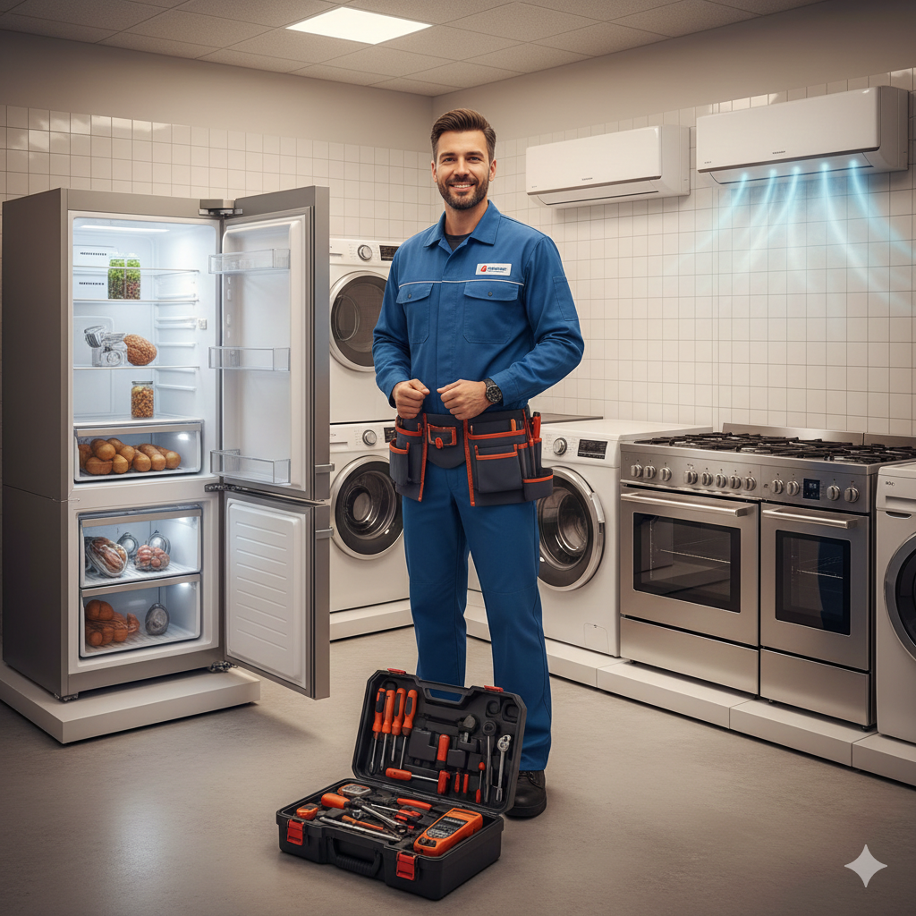 Técnico en camisa roja sosteniendo una llave inglesa al lado de un refrigerador y lavadora
